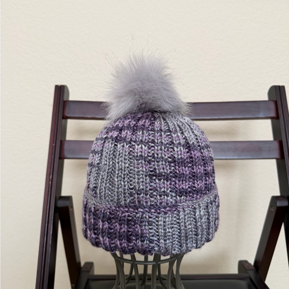 Stylish Gray and Purple Knit Pom-Pom Beanie